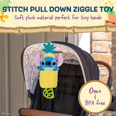 Soft plush Stitch toy shaped like a pineapple, designed for babies, hanging from a stroller with a BPA-free tag.