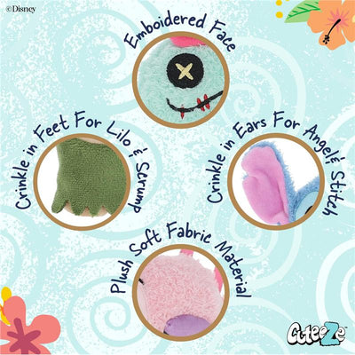 Disney Baby Lilo & Stitch 4 Piece Cuteeze Gift Set features plush animals with crinkle sounds and soft fabric, including Lilo, Scrump, and Stitch.