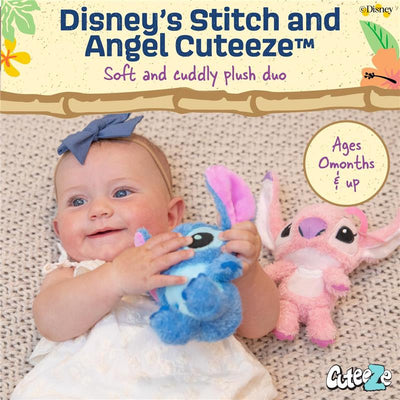 Baby smiling while holding two plush toys: a blue Stitch and a pink Angel, with text indicating age suitability.