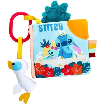 Disney Baby Lilo & Stitch soft book featuring Stitch with colorful characters, plush textures, and a soft duck toy attached.