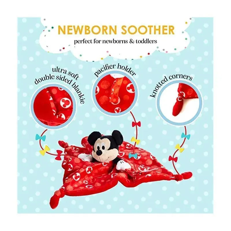 Disney Baby Mickey Mouse plush snuggler blanket in red, featuring a pacifier holder, knotted corners, and a soft, double-sided design.