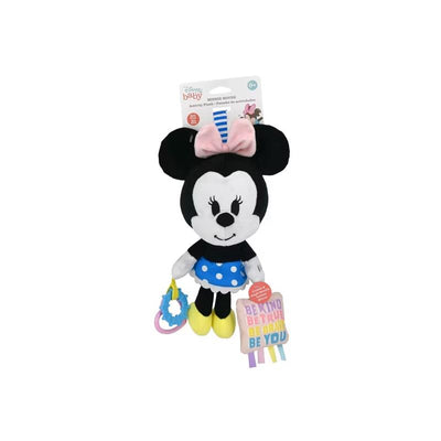 Disney Minnie Mouse Activity Plush featuring a smiling Minnie with a bow, blue polka-dot dress, and attached teething ring.