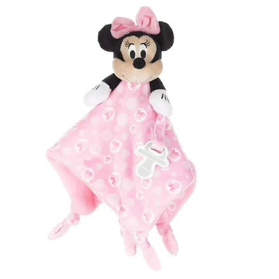 Minnie Mouse plush snuggle blanket in pink with a pacifier loop and decorative heart pattern.