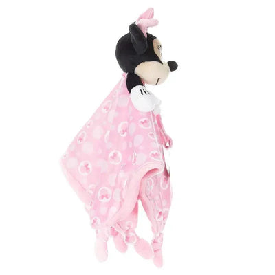 Minnie Mouse plush snuggle blanky in pink with pacifier loop, featuring polka dots and soft fabric.