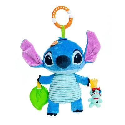 Disney Stitch On The Go Activity Toy featuring a plush Stitch holding a green leaf and a small toy.