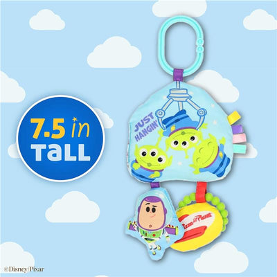 Kids Preferred Disney Toy Story jingle toy featuring Little Green Aliens and Buzz Lightyear, 7.5 inches tall, with colorful tags.