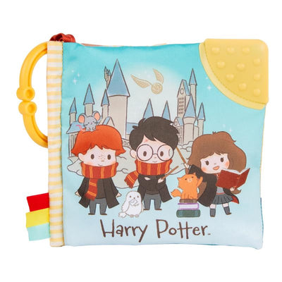 Soft fabric book featuring cartoon characters inspired by Harry Potter, with a textured teether and colorful tags.