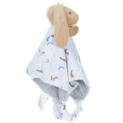 Soft blanky featuring a bunny head with floppy ears and a patterned fabric displaying rabbits and moons.