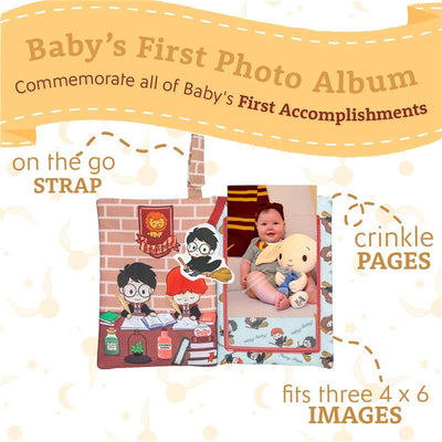 Harry Potter-themed baby photo memory album with crinkle pages, holds three 4x6 images, features on-the-go strap.