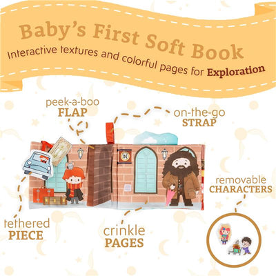 Soft fabric book featuring interactive textures, crinkle pages, and removable characters from Harry Potter, with a peek-a-boo flap.