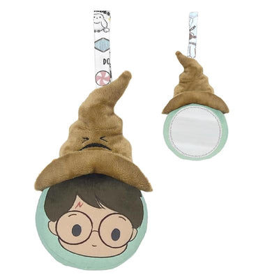 Plush Harry Potter Sorting Hat mirror rattle toy featuring a cartoon character with glasses and a beige hat.