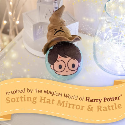 Plush rattle toy featuring a Sorting Hat and a frizzed character face, inspired by the Harry Potter series.