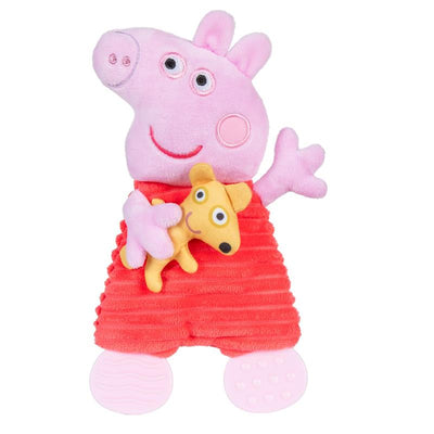 Peppa Pig teether blankey featuring a pink plush Peppa with a smiling face, red fabric body, and a yellow dog toy.