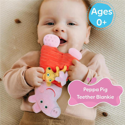 Smiling baby holds a Peppa Pig teether blankey with colorful feet, suitable for ages 0+, promoting comfort and play.