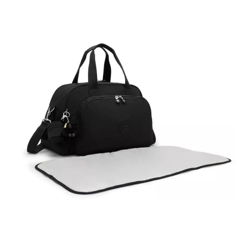 Kipling Camama Diaper Bag in Tiny Black Noir with a zippered main compartment and a changing mat beside it.