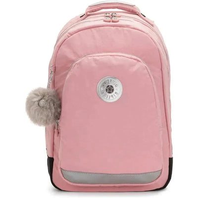 Kids Class Room Backpack in bridal rose color with a fluffy pom-pom and a silver logo patch.