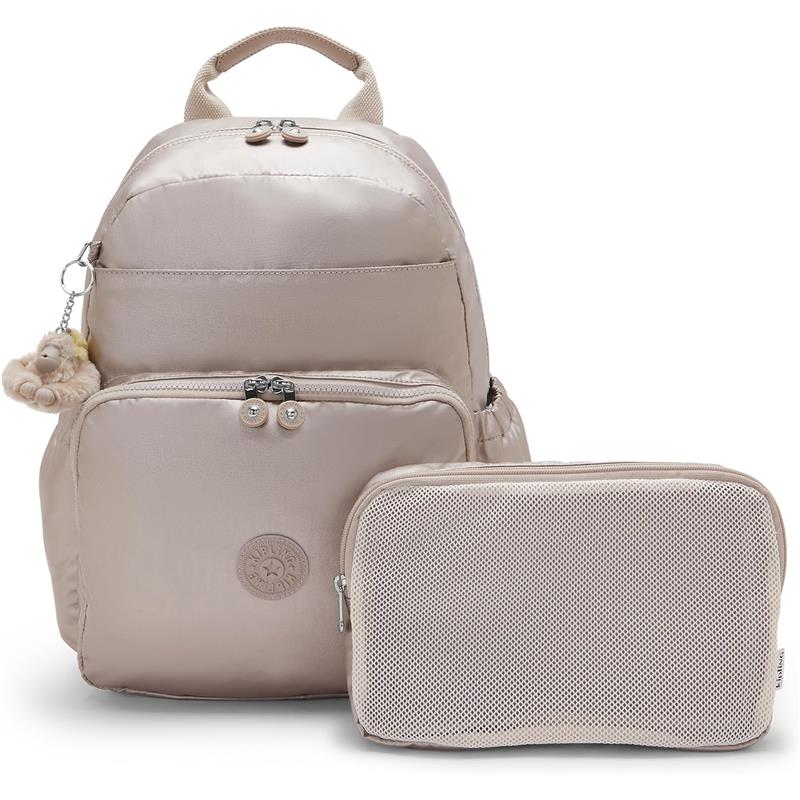 Kipling Maisie Diaper Backpack in Tiny Metallic Glow, featuring a soft pink shade, zippers, and a detachable organizer pouch.
