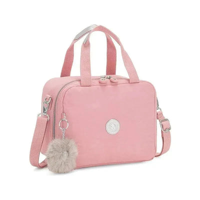 Miyo Lunch Bag by Kipling in Bridal Rose, features dual handles, a detachable strap, and a fluffy pom-pom charm.