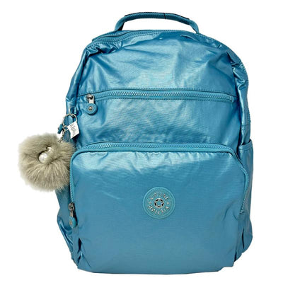 Kipling So Baby diaper bag in Aqua Tides, featuring a soft blue exterior, multiple zippered pockets, and a decorative fur charm.