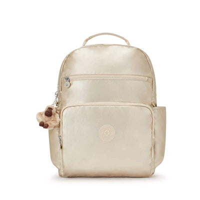 Metallic gold Kipling So Baby Diaper Bag featuring a front pocket, a plush monkey keychain, and adjustable straps.