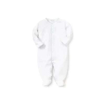 White footie for baby boys with blue dots print, featuring long sleeves and footed design.