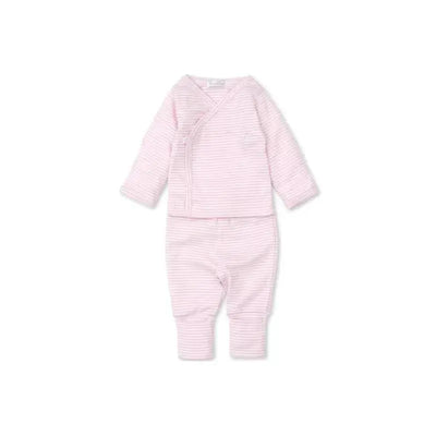 Footed pant set for baby girls, featuring a pink and white striped top and matching pants.