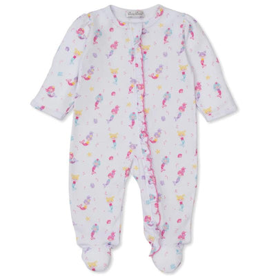 Kissy Kissy Underwater Mermaids Zip Footie, featuring a pastel mermaid and ocean-themed print with ruffled front trim and footed design.