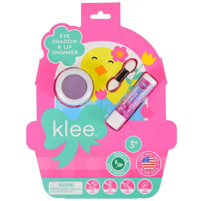 Easter Eye Shadow and Lip Shimmer Set by Klee Naturals featuring a purple eye shadow, raspberry lip shimmer, and a charm.