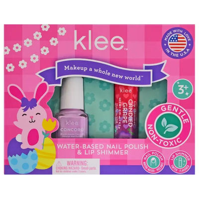 Klee Naturals Easter Nail Polish Lip Shimmer Set featuring a pink bunny design, includes a purple nail polish and grape lip shimmer.