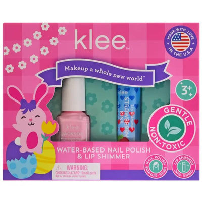Klee Naturals Hopping Pink Easter Nail Polish and Lip Shimmer Set; includes pink nail polish and strawberry-flavored lip shimmer.