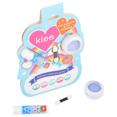 Klee Naturals LunaStar Eye Shadow and Lip Shimmer Kit, featuring a periwinkle eyeshadow, lip shimmer, and applicator.