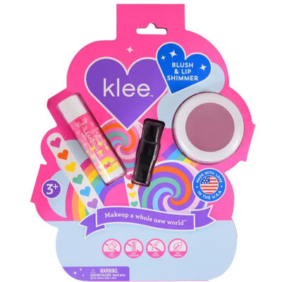 Klee Naturals Sunshine Whisper Blush and Lip Shimmer set with a pink heart design and three makeup products.