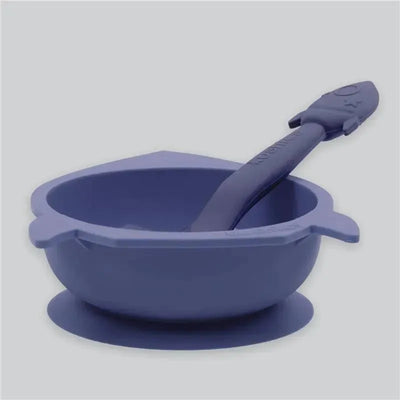 Blue silicone bowl with a matching spoon, designed for easy feeding, featuring a sturdy base and ergonomic handle.