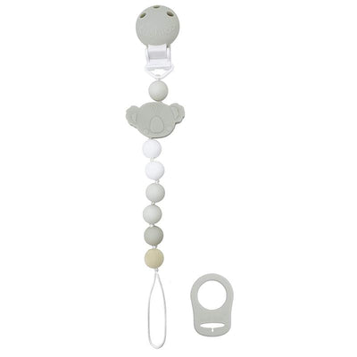 Silicone pacifier clip featuring a koala design, with soft beads in gray, white, and beige, and a clip for secure attachment.