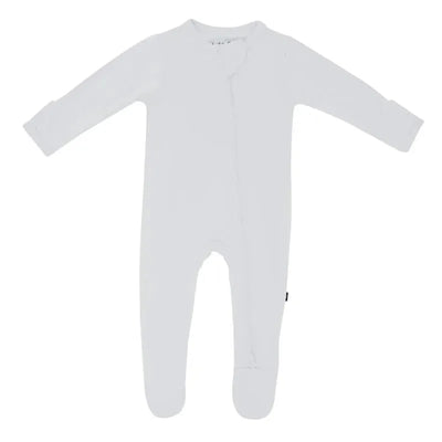 Neutral white zippered footie for babies with long sleeves and footed design, perfect for comfort and style.