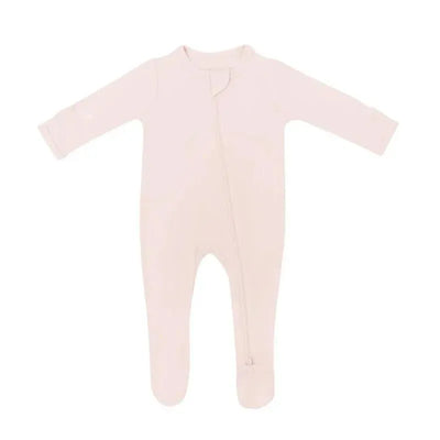 Baby zippered footie in blush color with long sleeves and footed design, ideal for comfortable sleepwear.