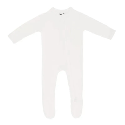 Baby zippered footie in cloud white by Kyte Baby, featuring long sleeves and footed design for comfort.