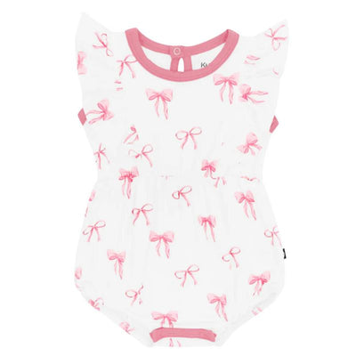 Kyte Baby Bubble Romper in white with pink bow prints and frill sleeves, designed for infants.