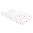 Change pad cover featuring a white background adorned with pink bow patterns, designed for infant changing tables.