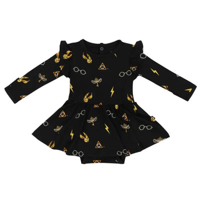 Long sleeve black bodysuit dress featuring Harry Potter-themed prints, including glasses, lightning bolts, and golden snitches.