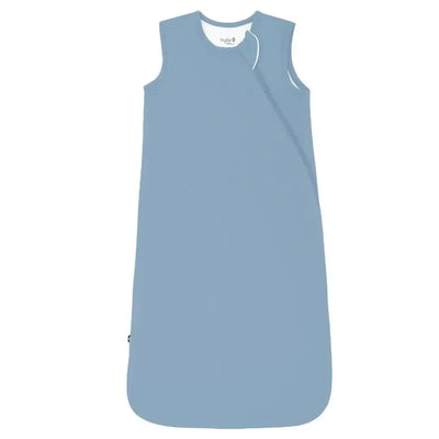 Bamboo sleep bag in slate blue color, sleeveless design with a front zipper, suitable for infants.