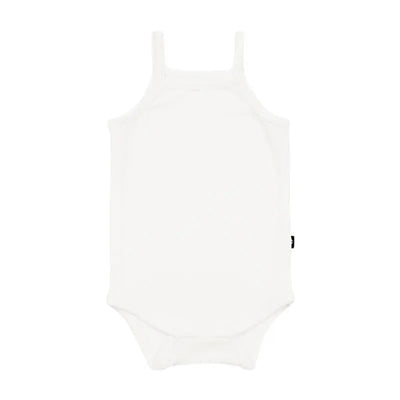 Ribbed white spaghetti strap bodysuit for infants, designed for ages 6-12 months, soft fabric with snap closure.