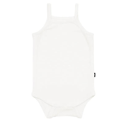 Spaghetti strap body leotard in cloud color for toddlers, featuring a simple white design and snap closure.