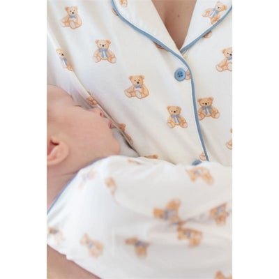 Women’s short sleeve pajama set with teddy bear print, featuring a mother holding her baby close.