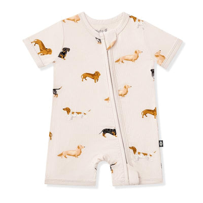 Short-sleeve romper featuring a playful dachshund print, designed for comfort and style for babies.
