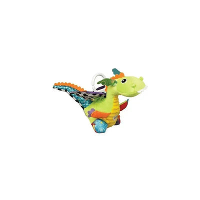 Colorful plush dragon toy with varied textures and a clip, designed for developmental play.