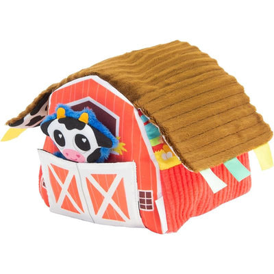 Educational sensory barn toy featuring a plush cow and colorful, textured details for interactive play.