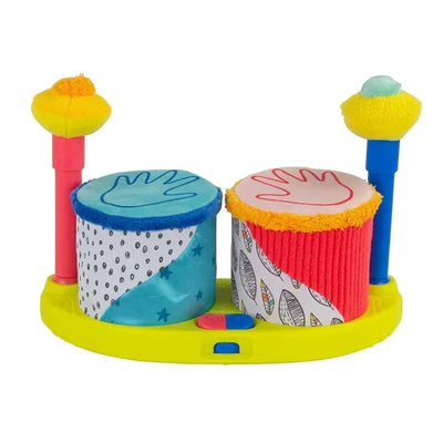 Brightly colored Lamaze Squeeze Beats drum set for babies, featuring two soft drums and two colorful drumsticks.