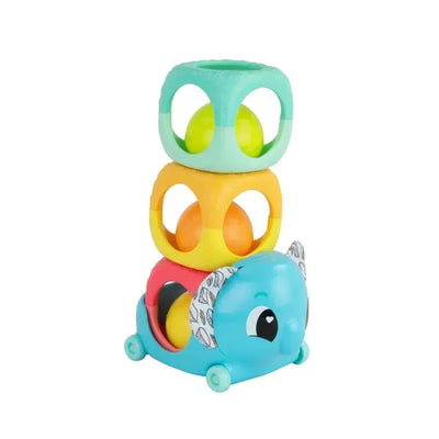Stacked colorful rings atop a blue elephant base with cute features, designed as a developmental baby toy.