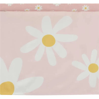Pink bedding featuring large white daisies with yellow centers, part of the Lambs & Ivy Daisy Dreams 3-piece set.